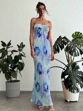 Strapless Pleated Floral Maxi Dress in Light Blue